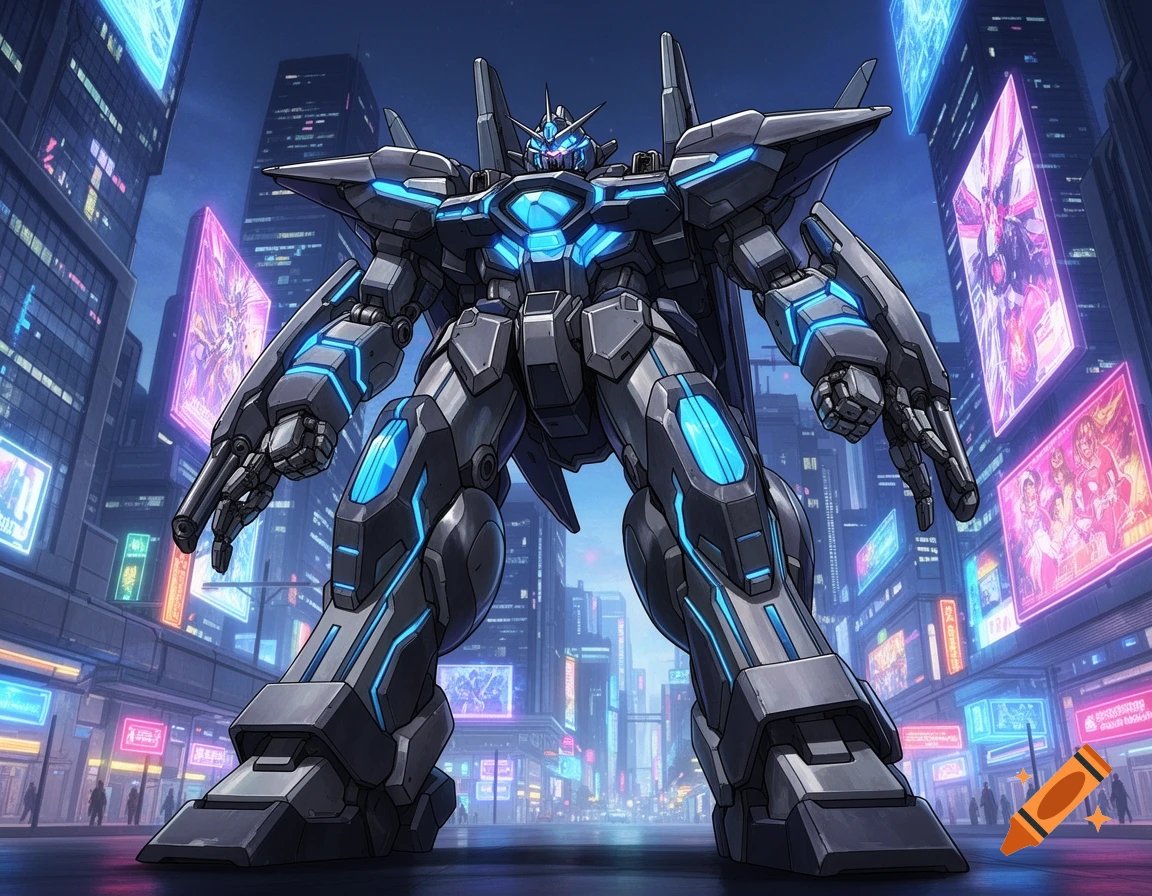 A large, black and blue glowing mecha stands in a futuristic city at night, with neon lights illuminating the buildings.