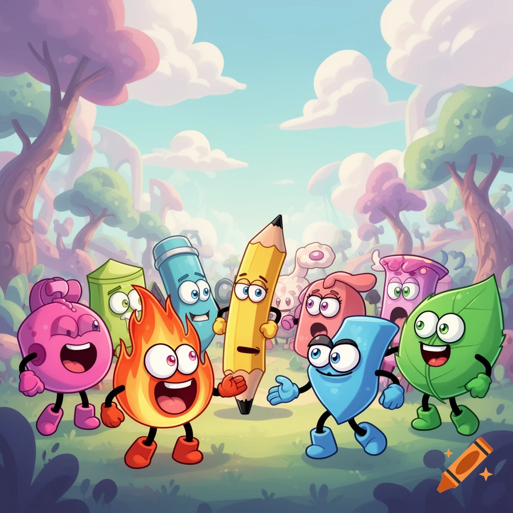A group of happy, colorful anthropomorphic cartoon characters, including a flame, pencil, leaf, and shield, in a whimsical fantasy landscape.