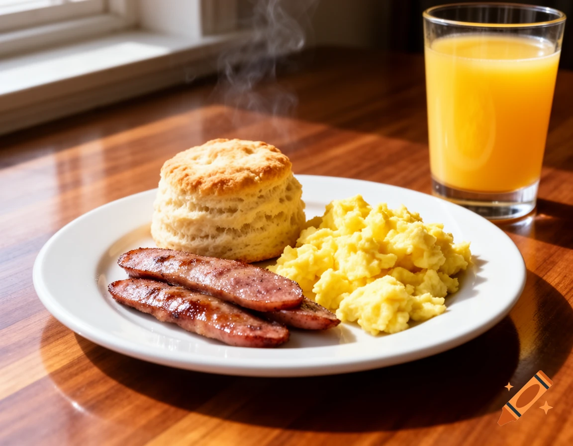 A plate with a steaming biscuit, sausages, and scrambled eggs sits next to a glass of orange juice on a wooden table.