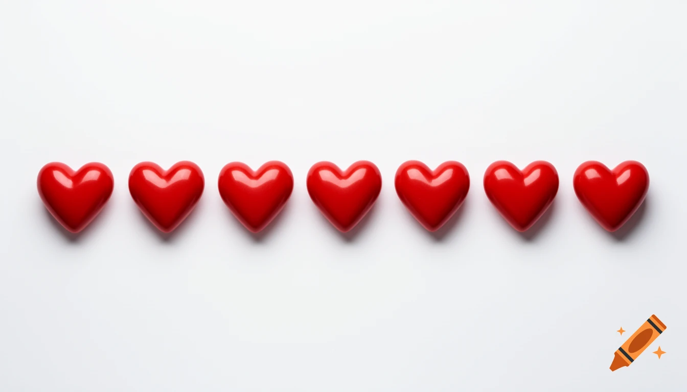 Seven glossy red hearts arranged in a line on a clean white background.