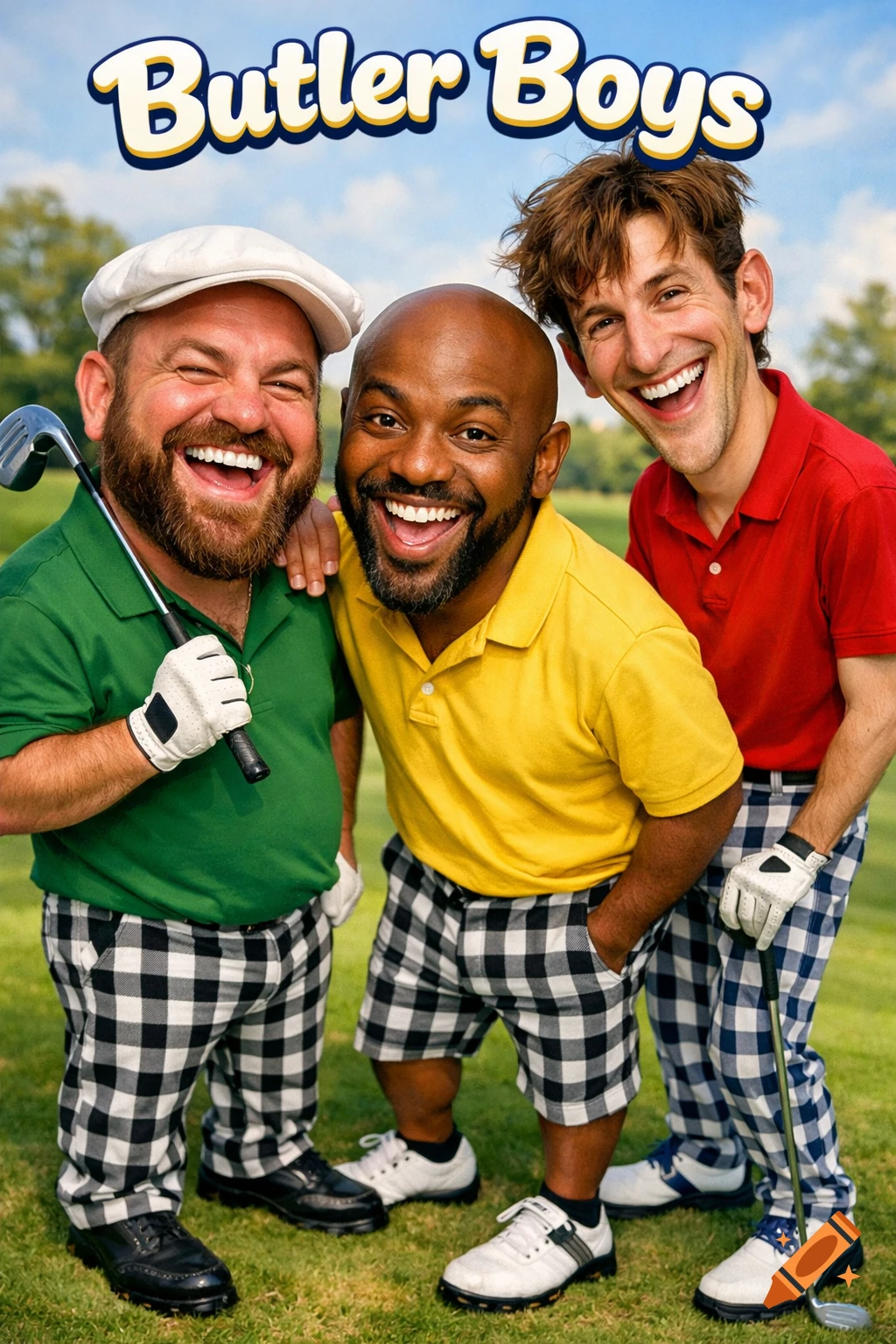 Three smiling men in golf attire and checkered pants stand on a golf course, with "Butler Boys" text above.