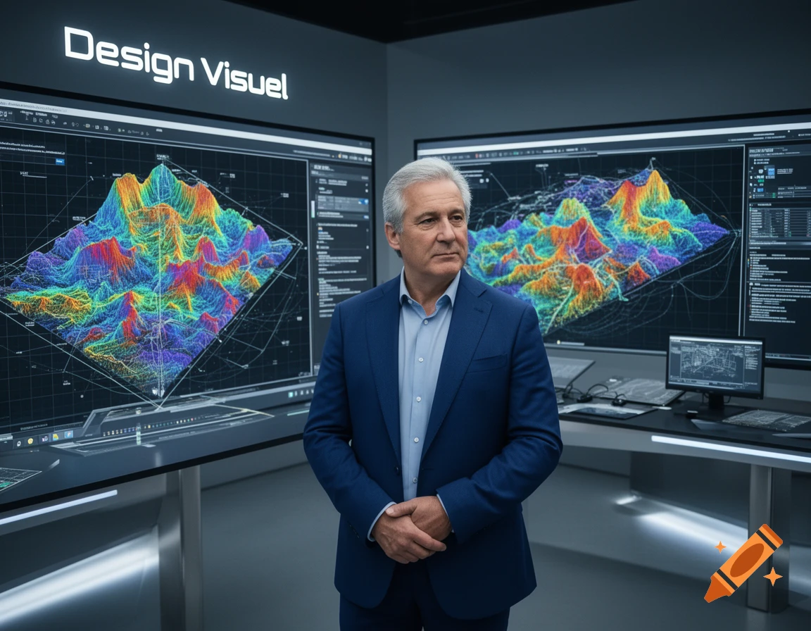 A man in a blue suit in a modern control room with screens showing colorful 3D topographic data visualizations and "Design Visuel" text.