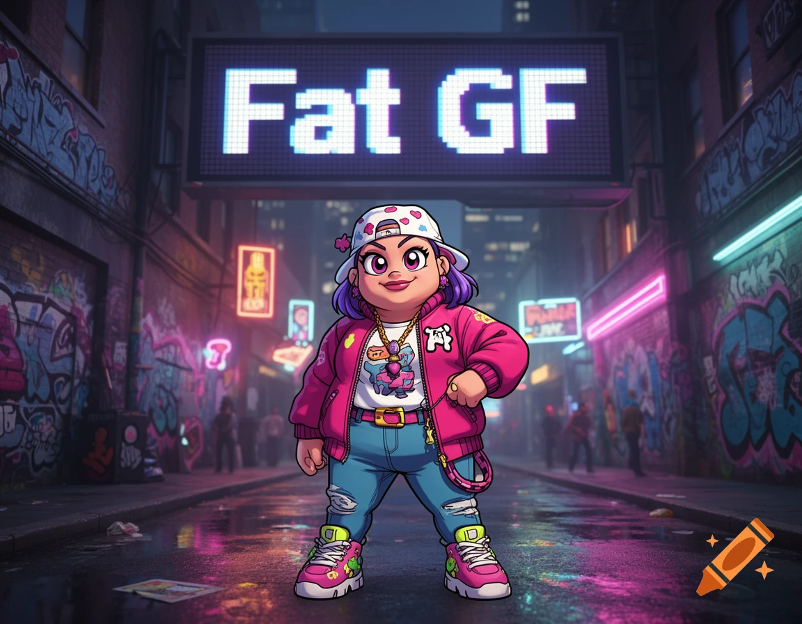 A stylized cartoon character with purple hair and a pink jacket stands under a neon sign that reads "Fat GF" in a neon-lit, graffiti-filled urban alley.
