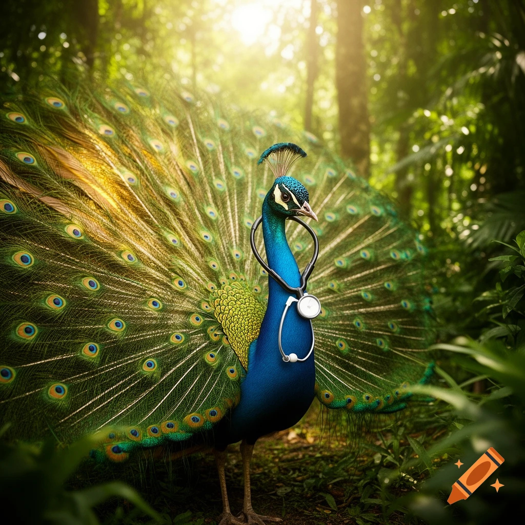 A majestic peacock with its tail fanned, wearing a stethoscope around its neck, stands in a lush, sun-dappled jungle.