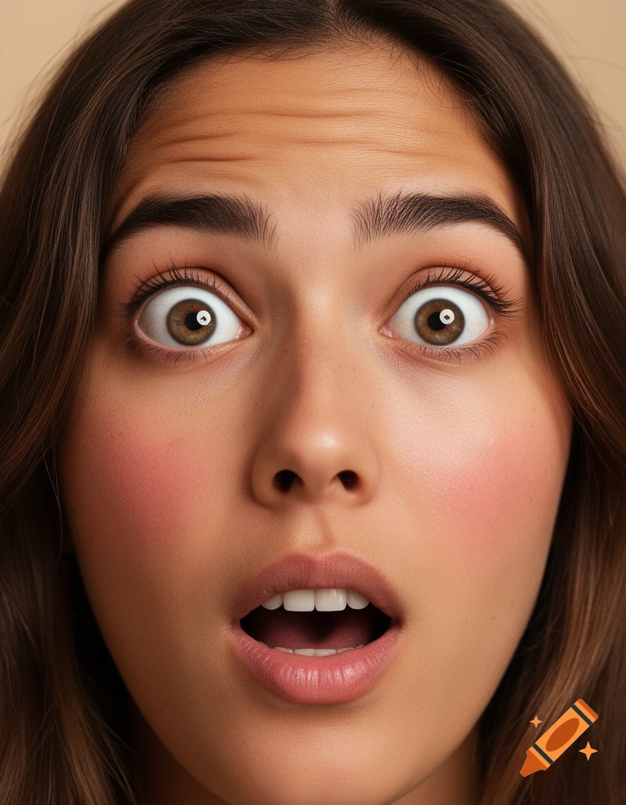 Close-up photorealistic portrait of a surprised woman with wide eyes and an open mouth.