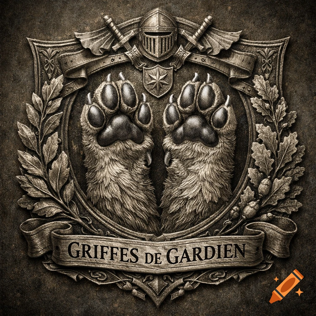 Ornate dark medieval-style emblem with two stylized animal paws, knight helmet, swords, and 'GRIFFES DE GARDIEN' text.