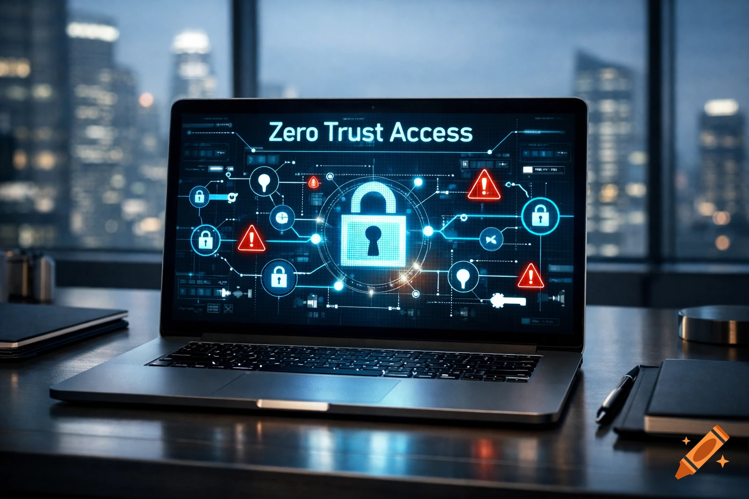 A photorealistic image of a laptop displaying 'Zero Trust Access' with cybersecurity icons, on a desk in front of a blurred city skyline.