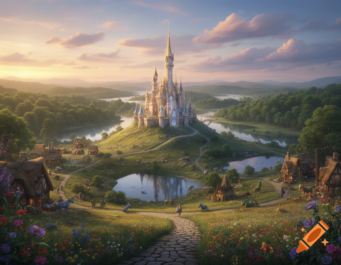 A majestic fantasy castle on a hill, surrounded by a lush green valley ...