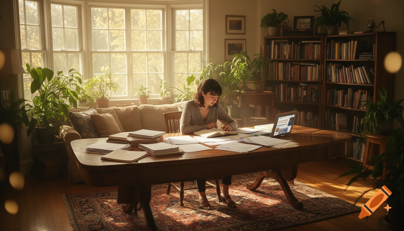 A woman sits at a large wooden table, reading a book in a cozy, sunlit room with many plants and bookshelves.