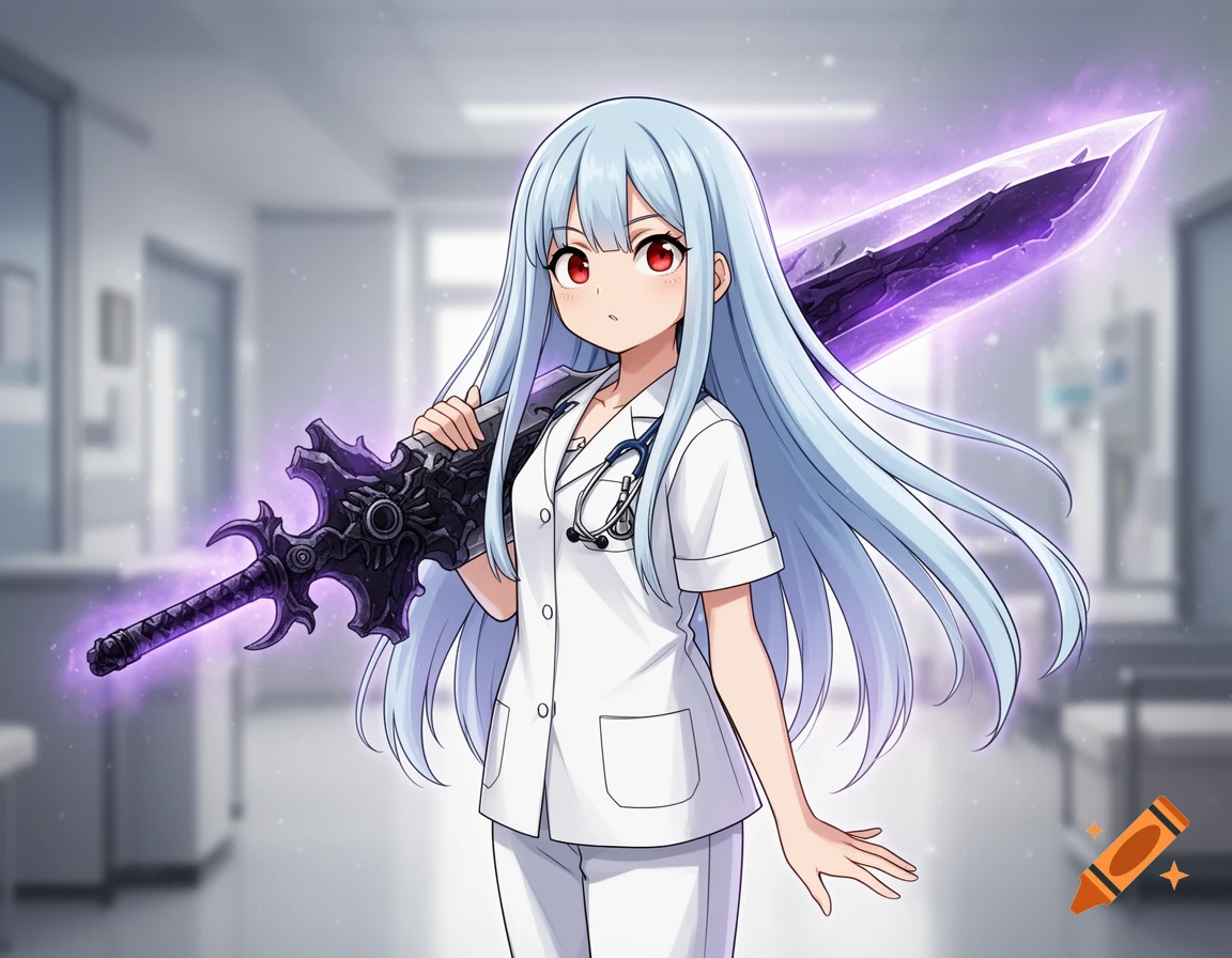 Anime girl with light blue hair and red eyes, wearing a white nurse uniform and stethoscope, holding a glowing purple sword over her shoulder in a hospital hallway.