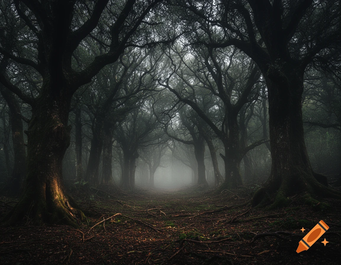 A dark, misty forest path with gnarled trees and tangled roots, leading into a thick fog.