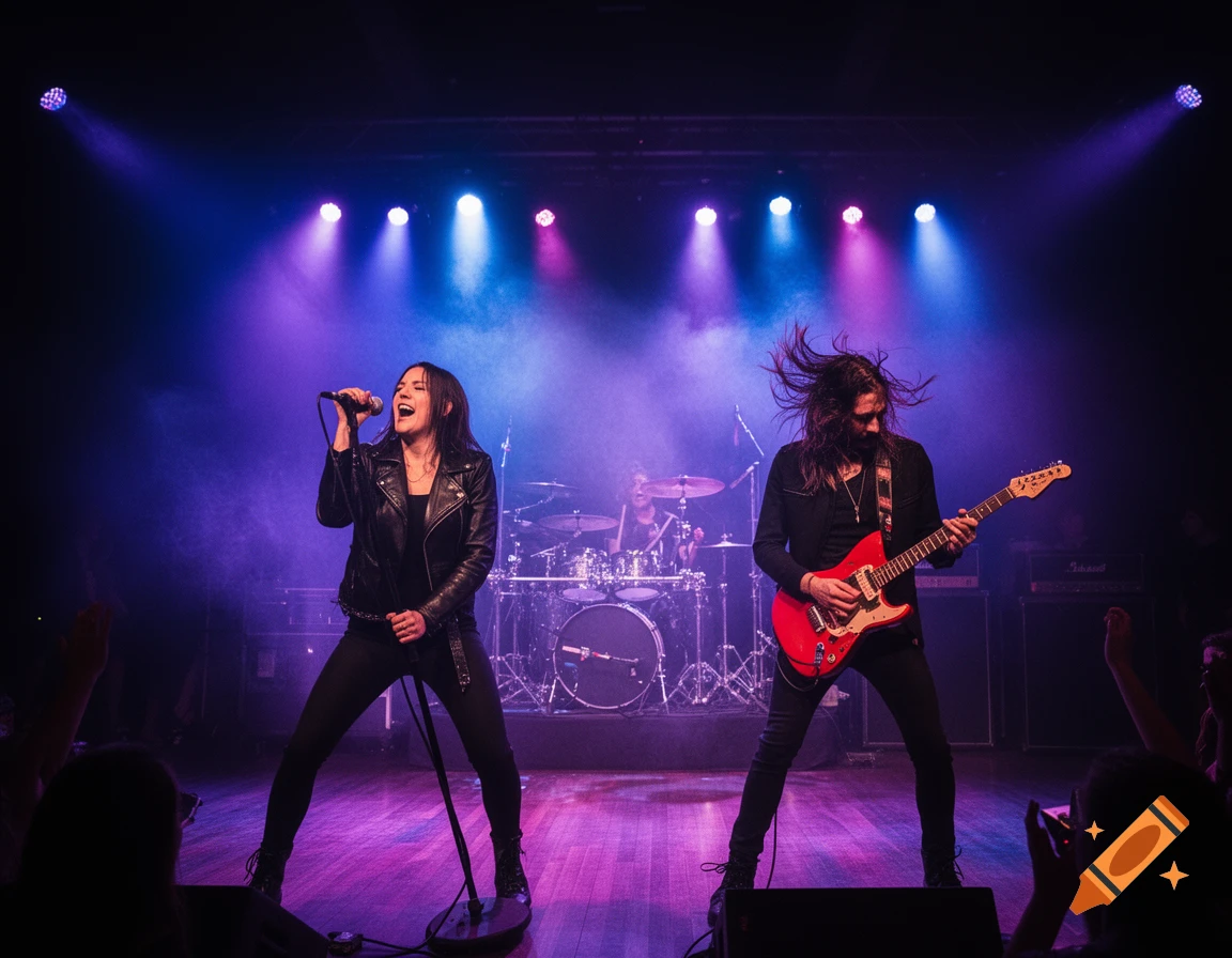 A male guitarist and female vocalist perform on stage with a drummer in the background, under blue and purple lights.