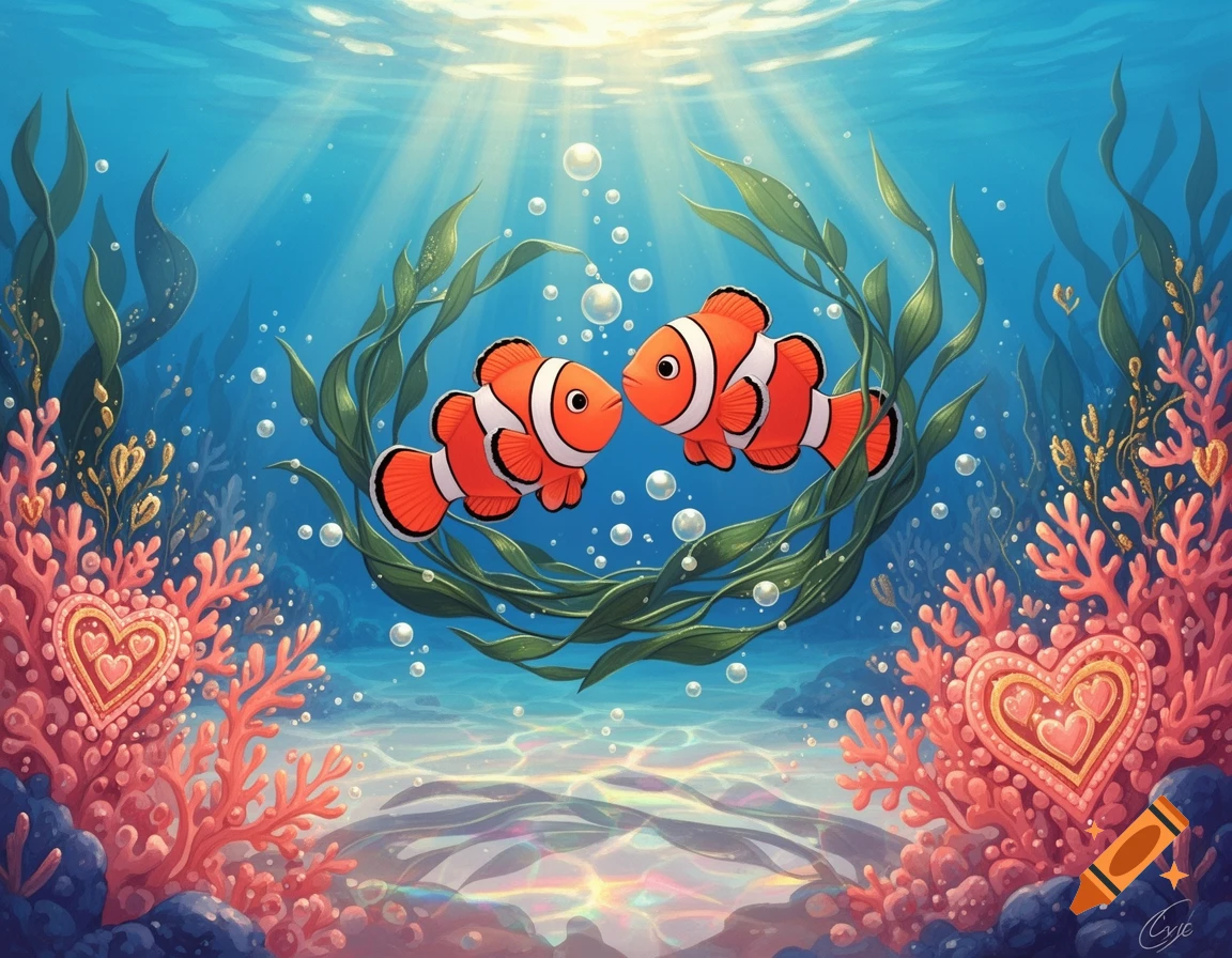 Two cartoon clownfish face each other among seaweed and coral with heart shapes in a bright underwater scene.