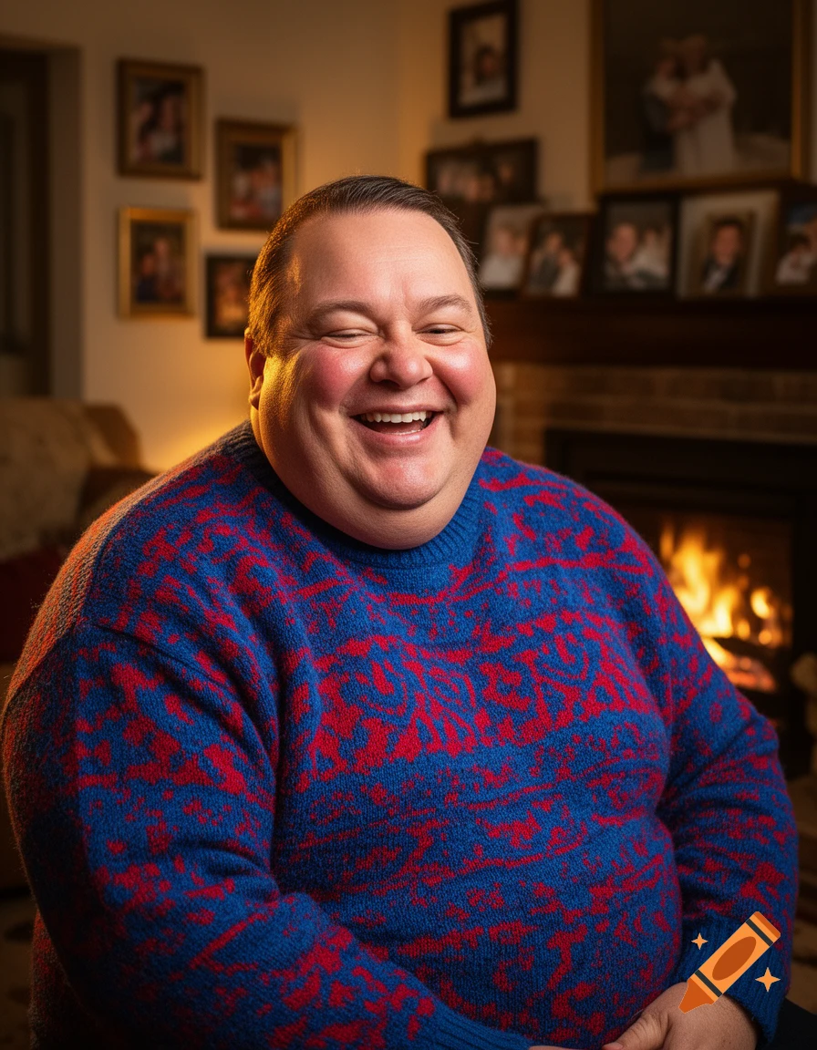 A jovial, plump man in a blue and red patterned sweater laughs heartily in a cozy living room by a fireplace, framed by family photos.