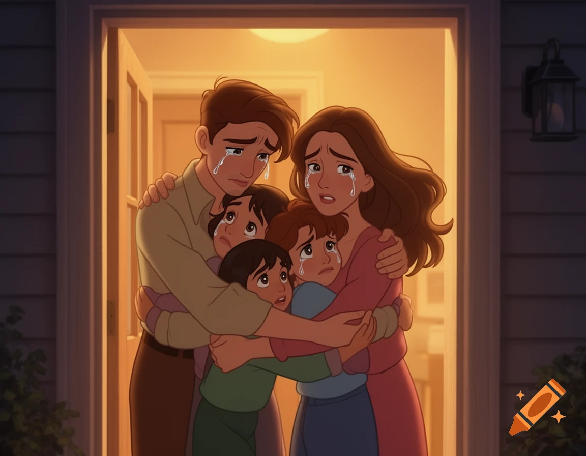 Animated family hugging tightly at a doorway, crying, in warm indoor lighting.