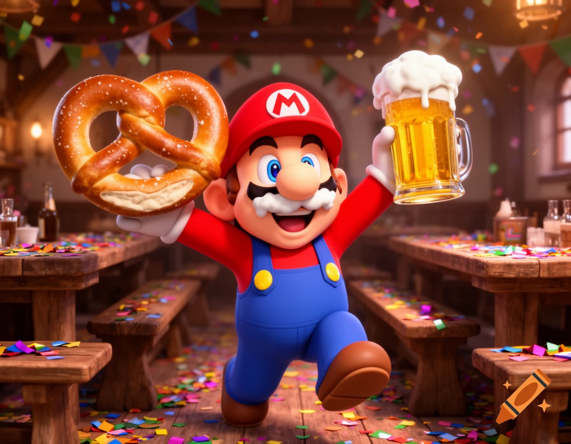 Vibrant 3D cartoon of Super Mario laughing, holding a giant pretzel and beer in a German tavern filled with confetti.