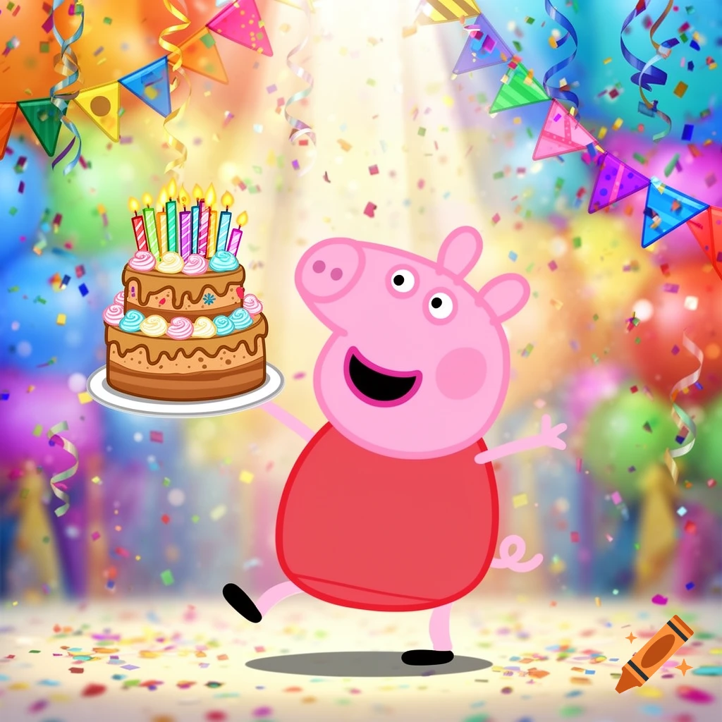 Peppa Pig dances happily, holding a birthday cake in a vibrant, confetti-filled party scene, in a children's cartoon style.