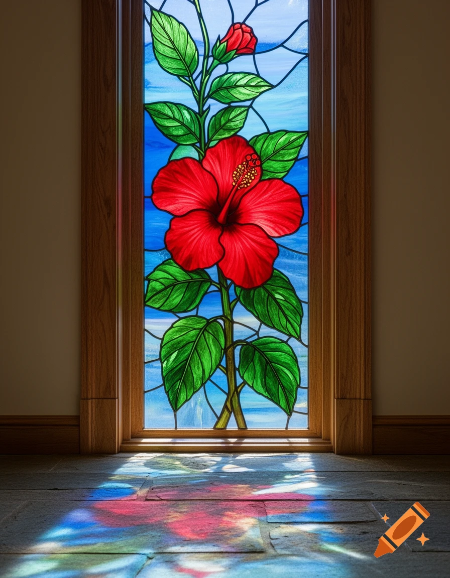A vibrant red hibiscus flower and green leaves in a vertical stained glass window, casting colorful light reflections onto a stone floor.