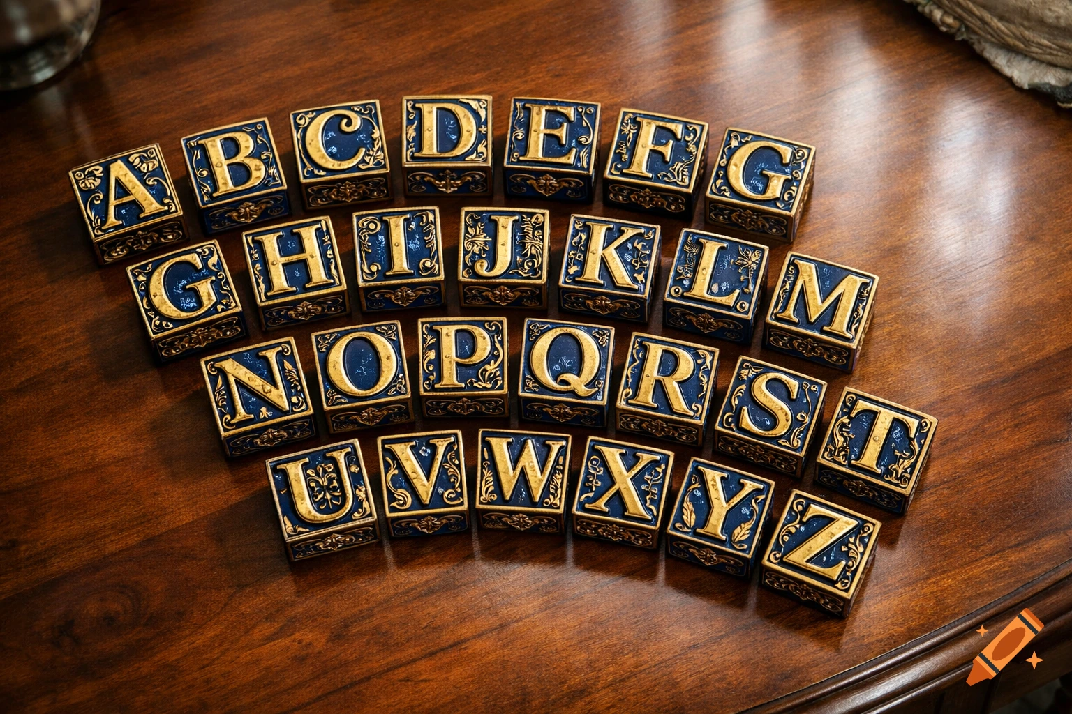 Ornate gold and blue alphabet blocks, A through Z, displayed on a polished wooden table.