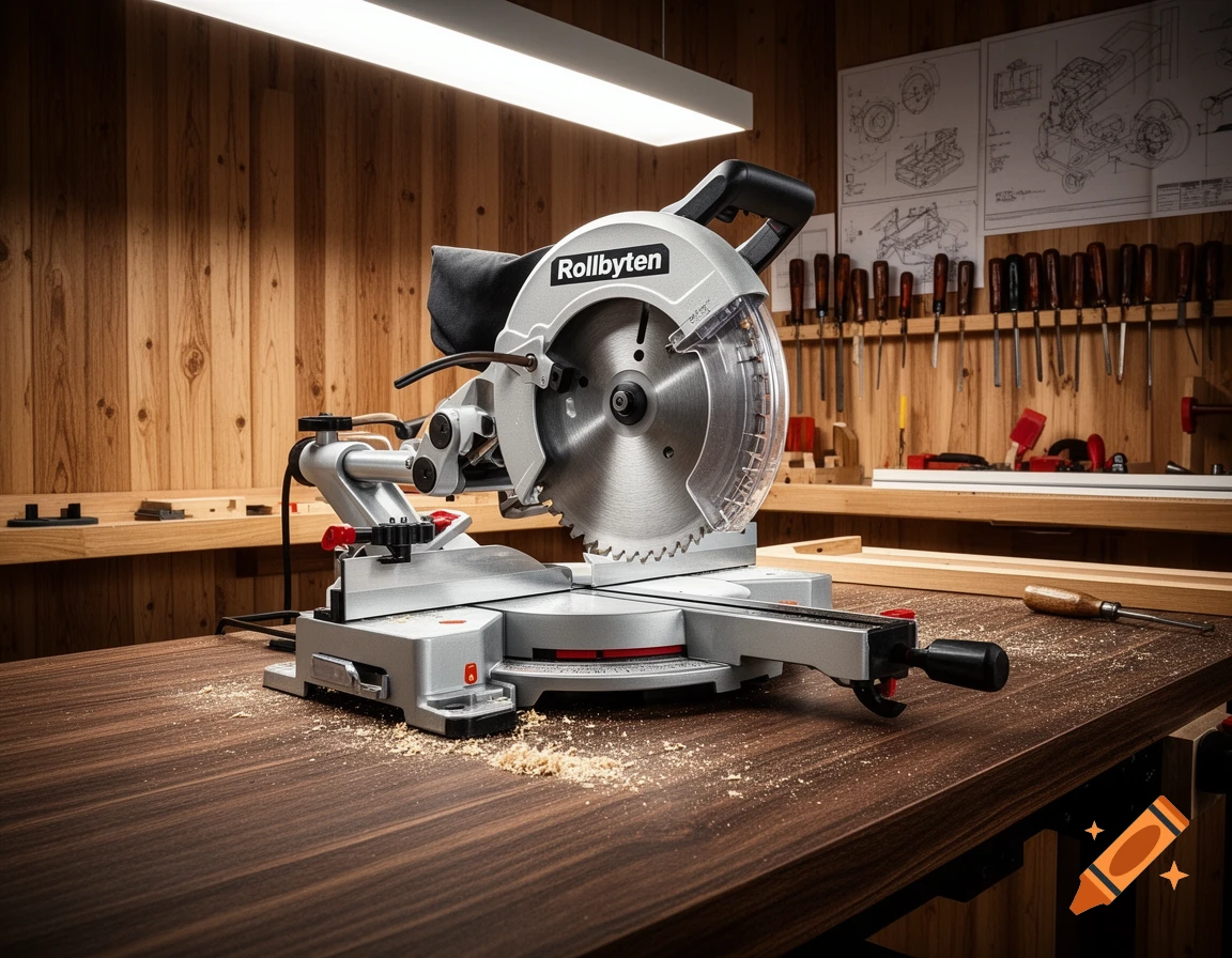 Photorealistic miter saw with "Rollbyten" logo on a wooden workbench, covered in sawdust, with hand tools in a workshop background.