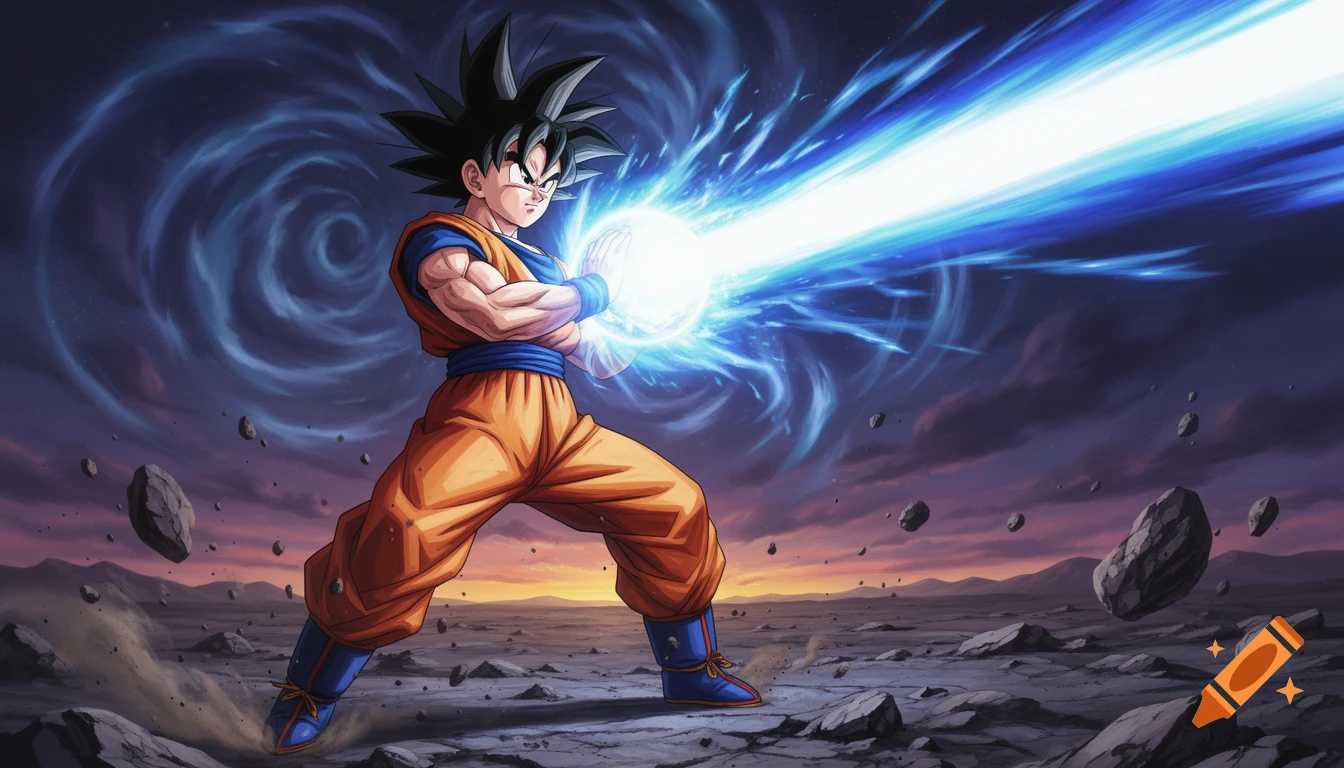 Goku, an anime character, unleashes a powerful blue Kamehameha energy blast in a desolate, rocky landscape under a dramatic sky.