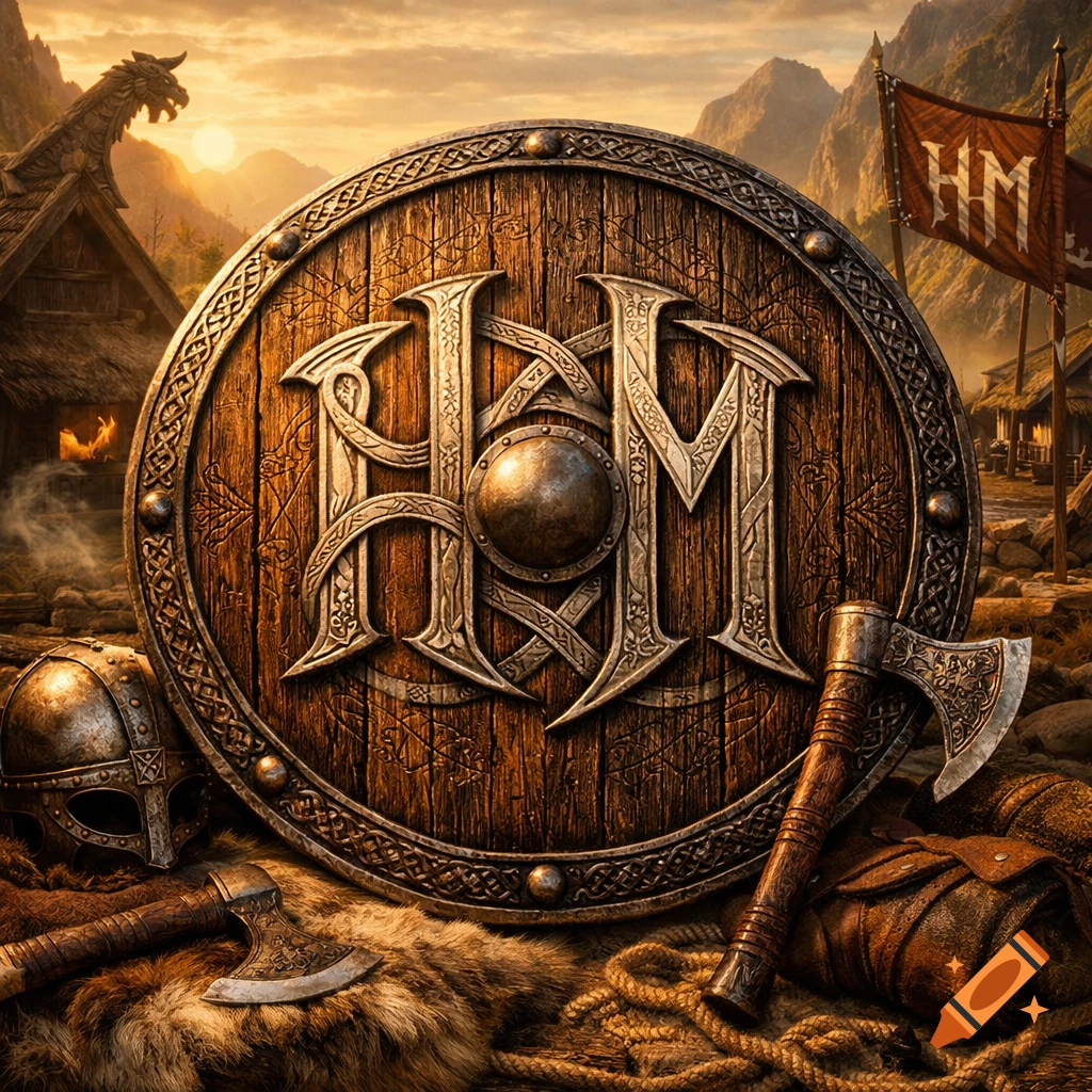 A detailed viking round shield with intertwined H and M letters, flanked by axes, a helmet, and a village at sunset.
