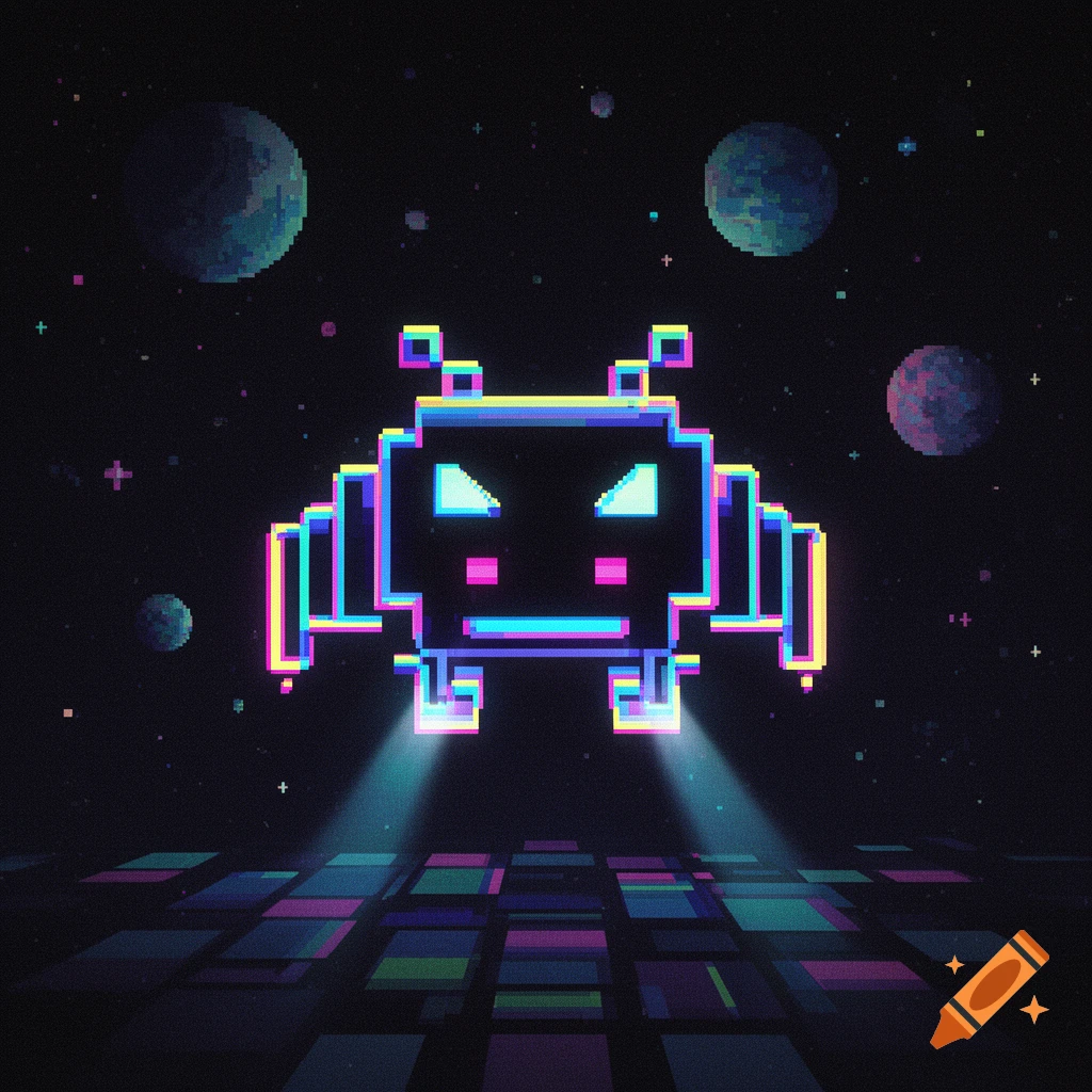 A pixel art Space Invader-style spaceship with neon outlines floats in dark space above a glowing grid, with pixelated planets in the background.