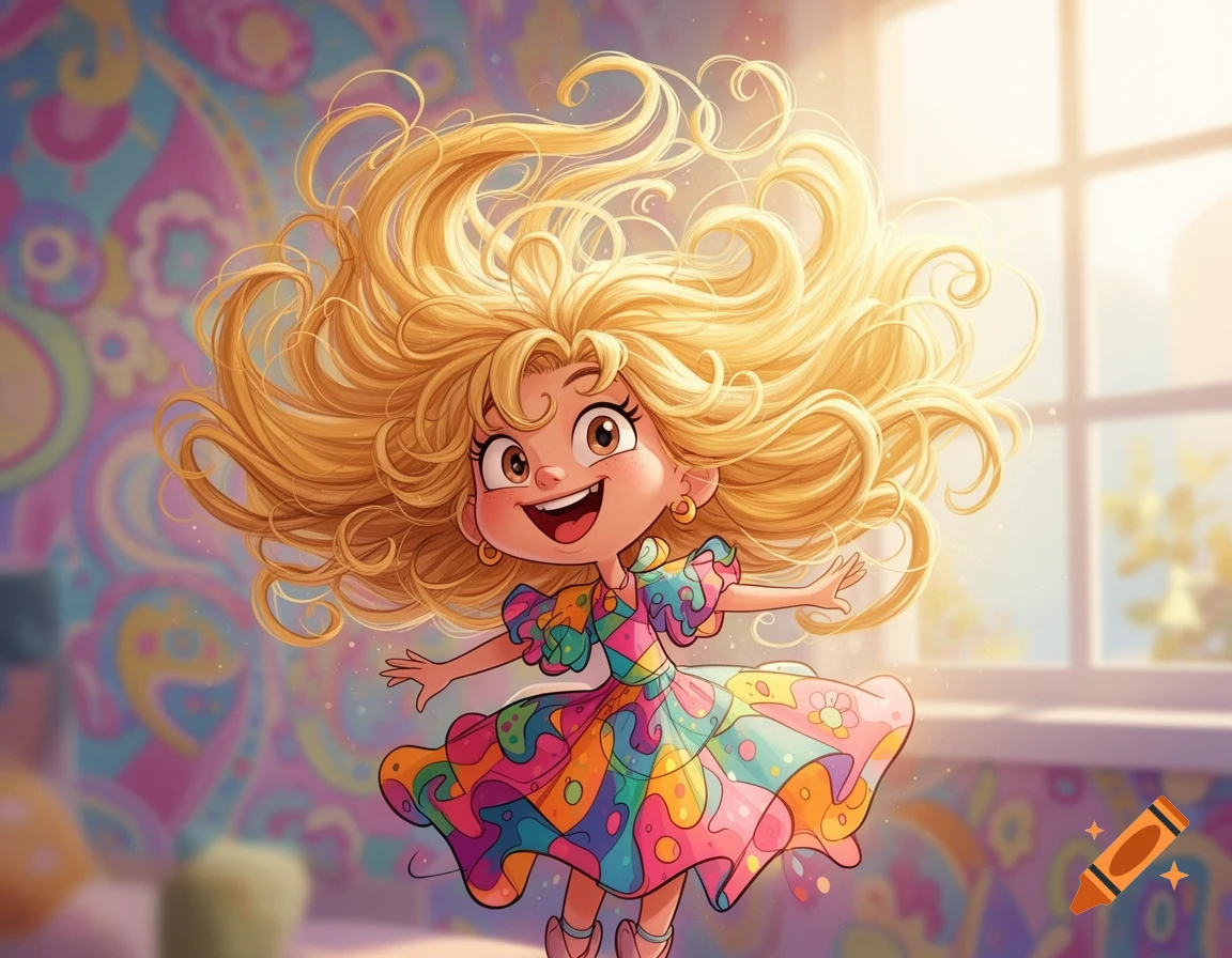 A happy cartoon girl with wild blonde hair and a vibrant, colorful dress jumps playfully in a brightly lit room.