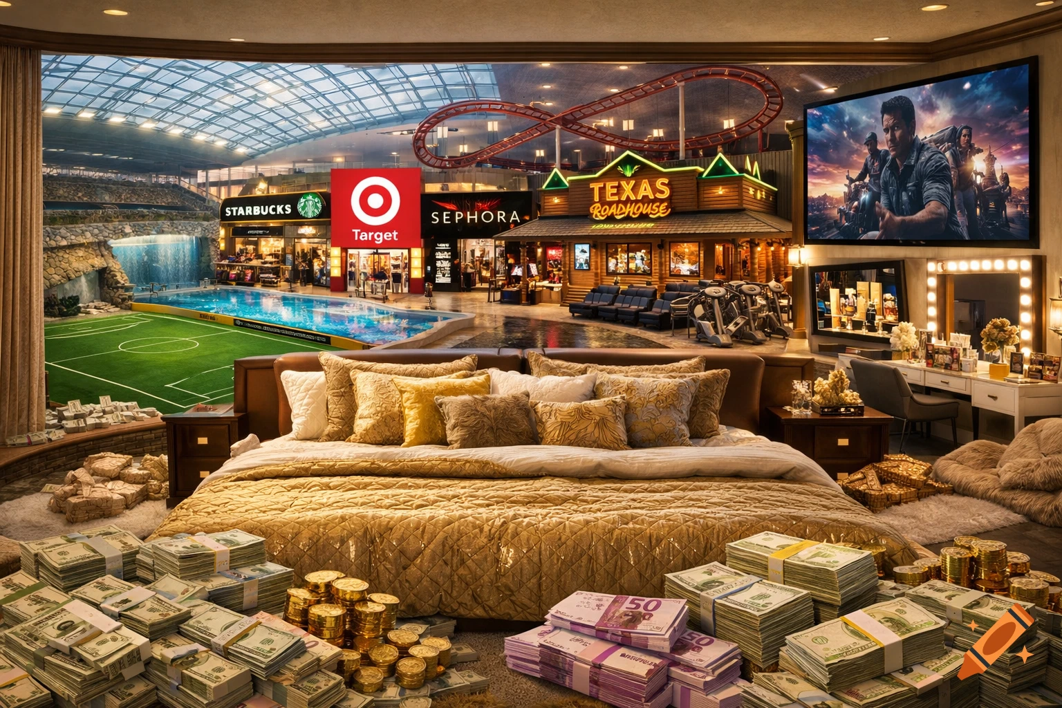 A dream-like indoor scene with a luxurious bedroom, a mall, a soccer field, a pool, a roller coaster, and piles of cash.