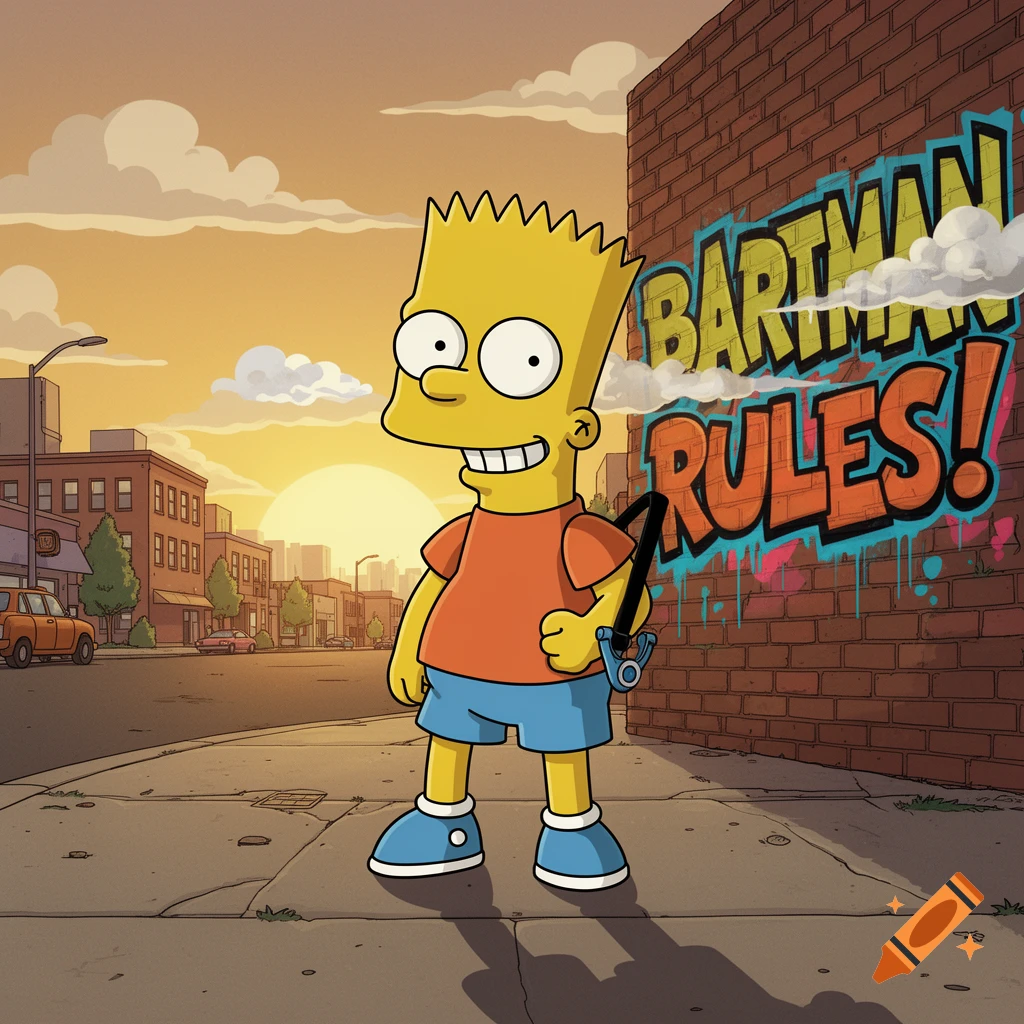 Bart Simpson stands on a city sidewalk next to a brick wall with graffiti that reads 'BARTMAN RULES!' at sunset.