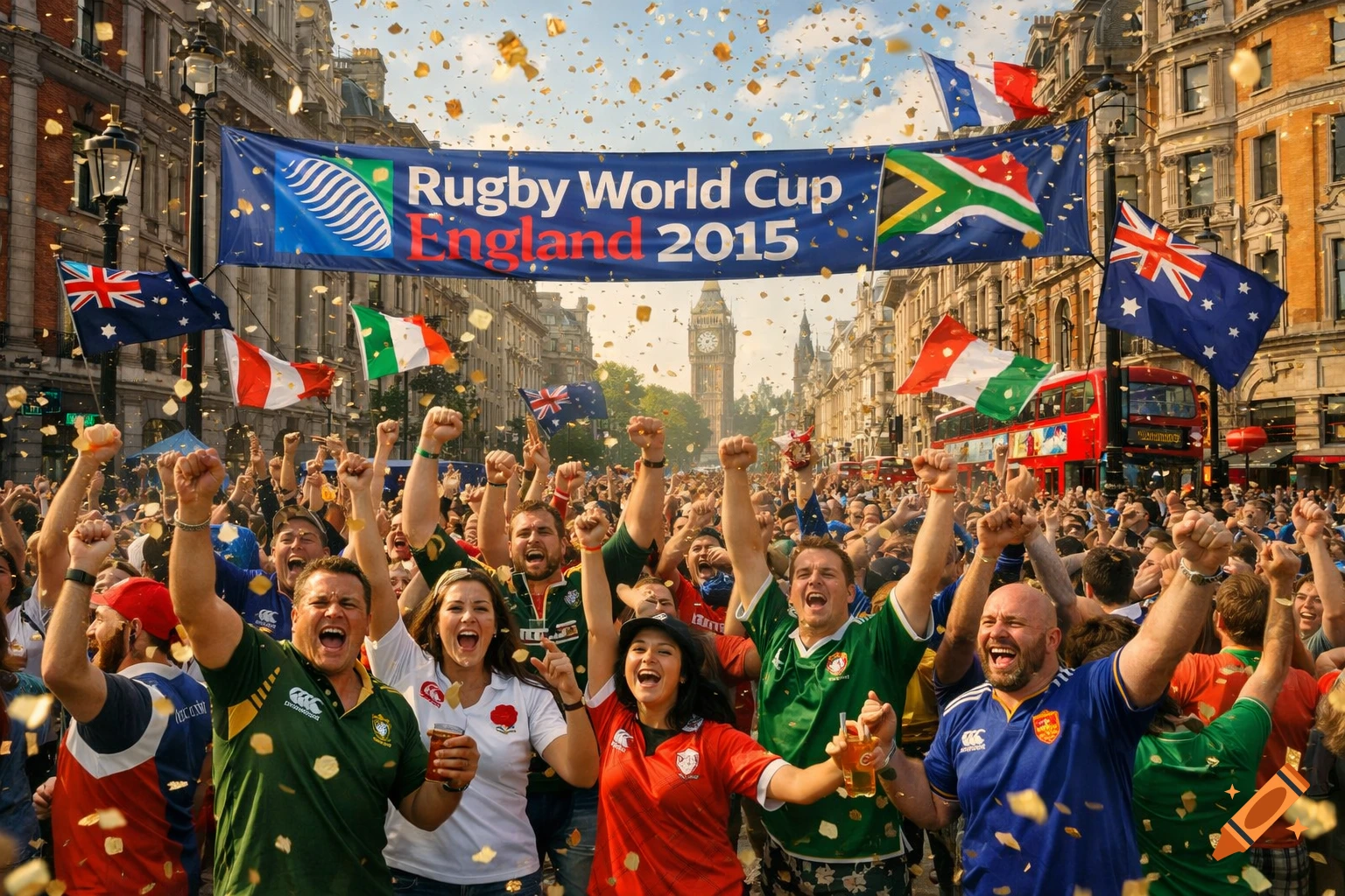 A large, cheering crowd in London celebrating the Rugby World Cup 2015, with confetti falling and flags waving, in a photorealistic style.