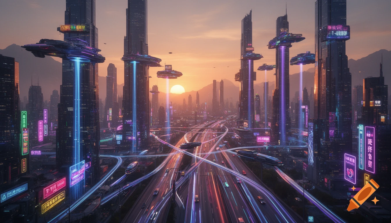 A futuristic cityscape at sunset with towering skyscrapers, flying ...