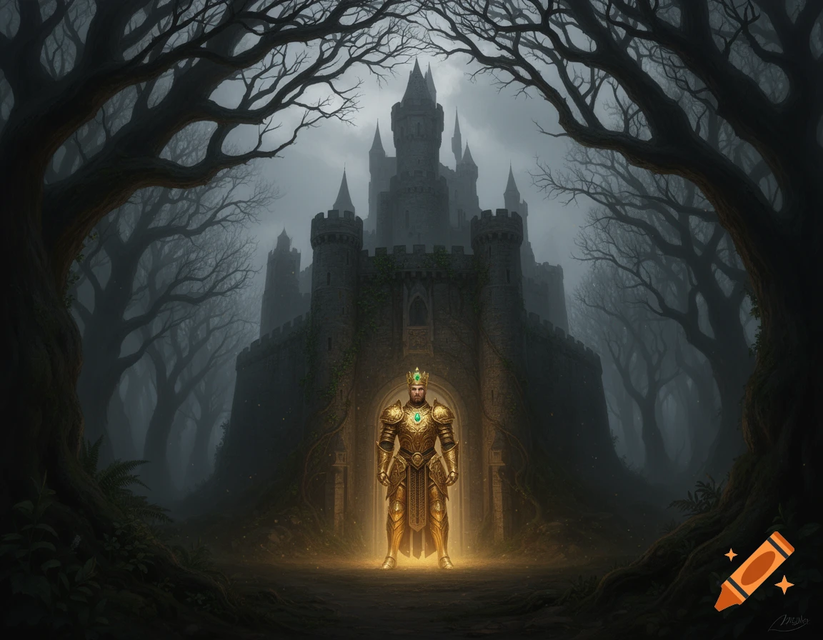 A golden king stands illuminated in front of a dark, ominous castle, surrounded by a spooky forest in a dark fantasy style.