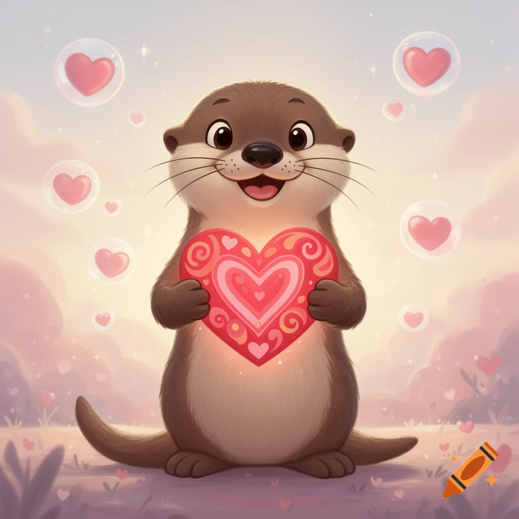 Cute cartoon otter smiling, holding a glowing pink heart, surrounded by heart-filled bubbles against a soft, dreamy sky.