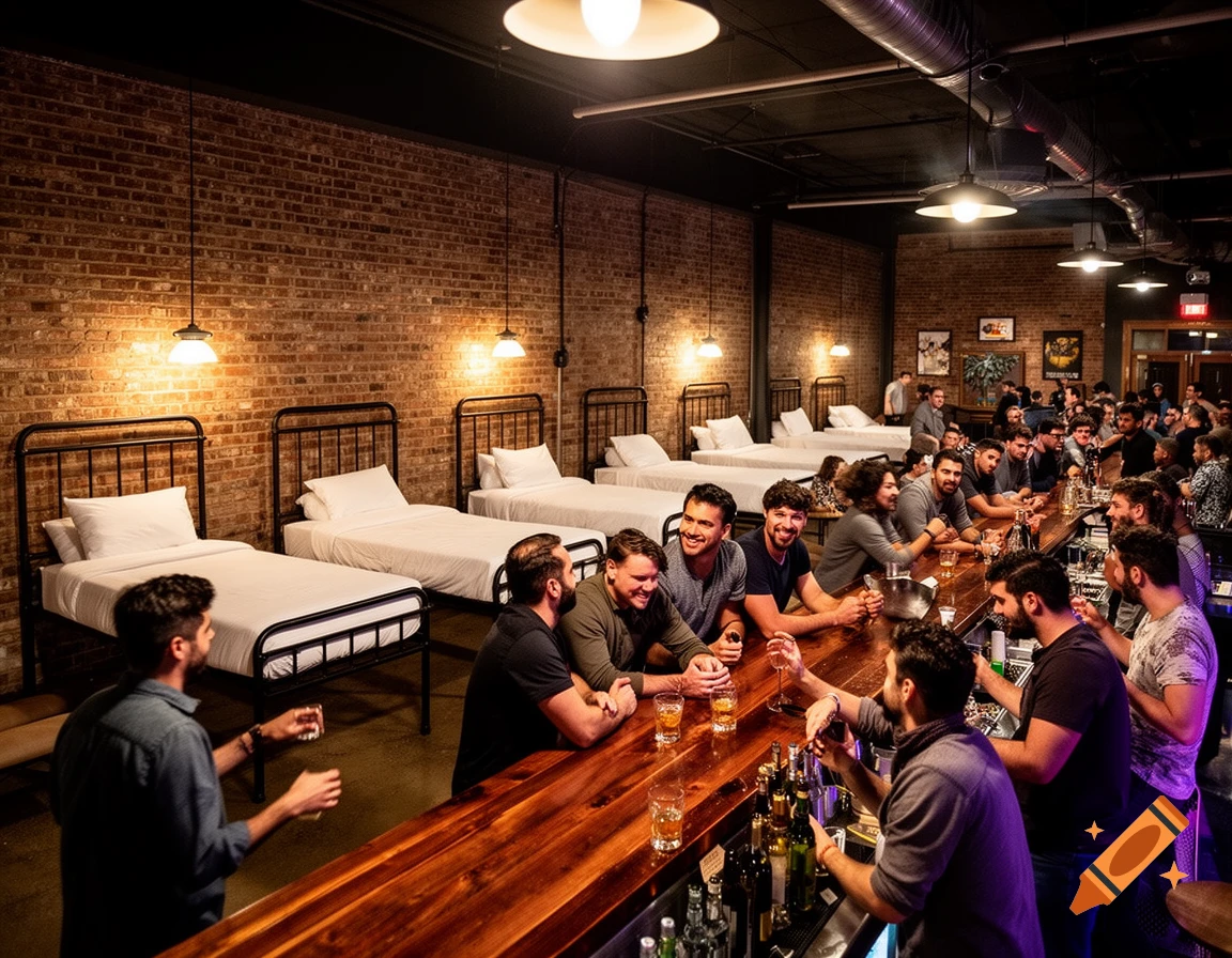 Men socialize at a busy bar with dorm beds lining an exposed brick wall, lit by hanging lamps.