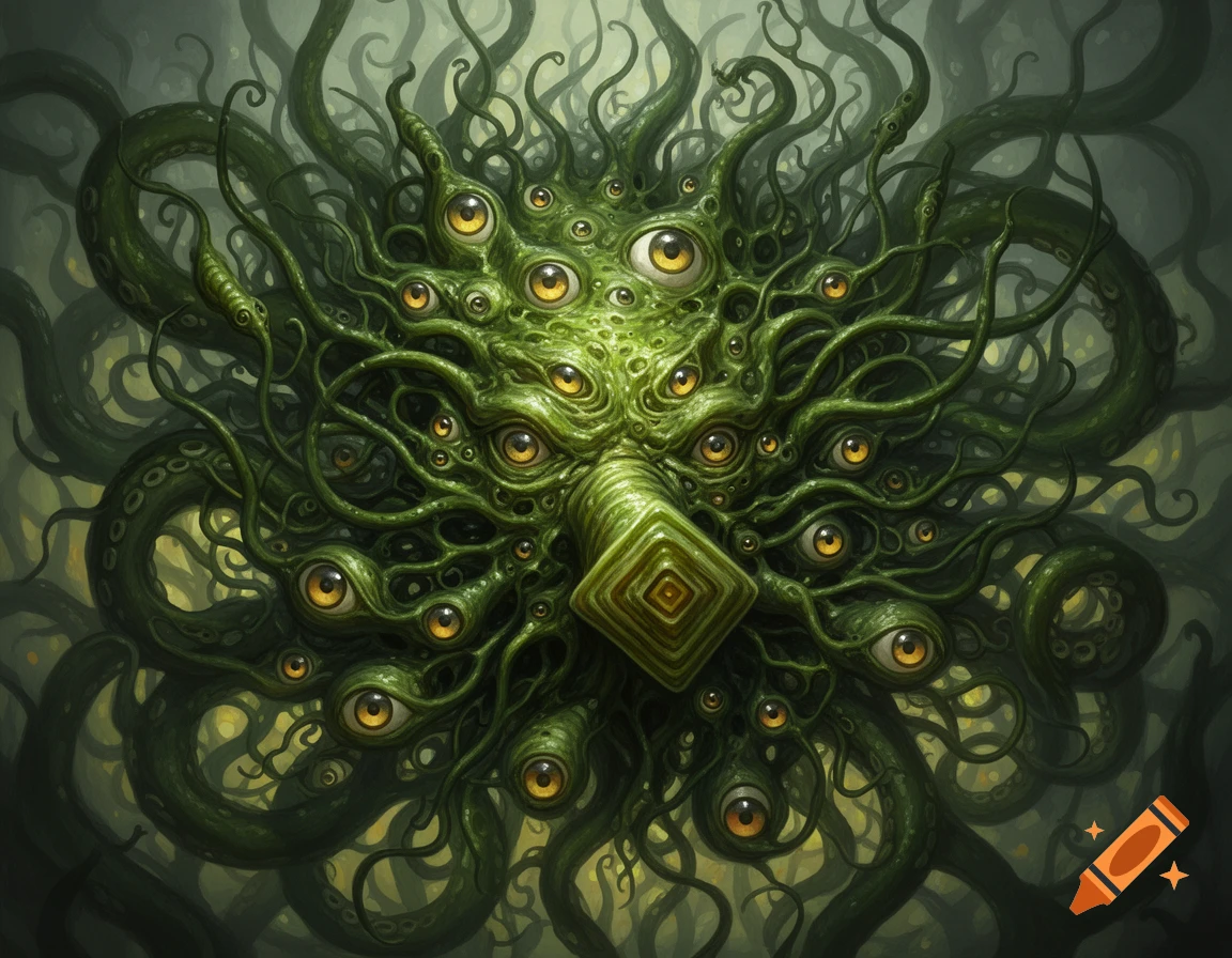 A grotesque green cosmic horror creature with countless yellow eyes and writhing tentacles.