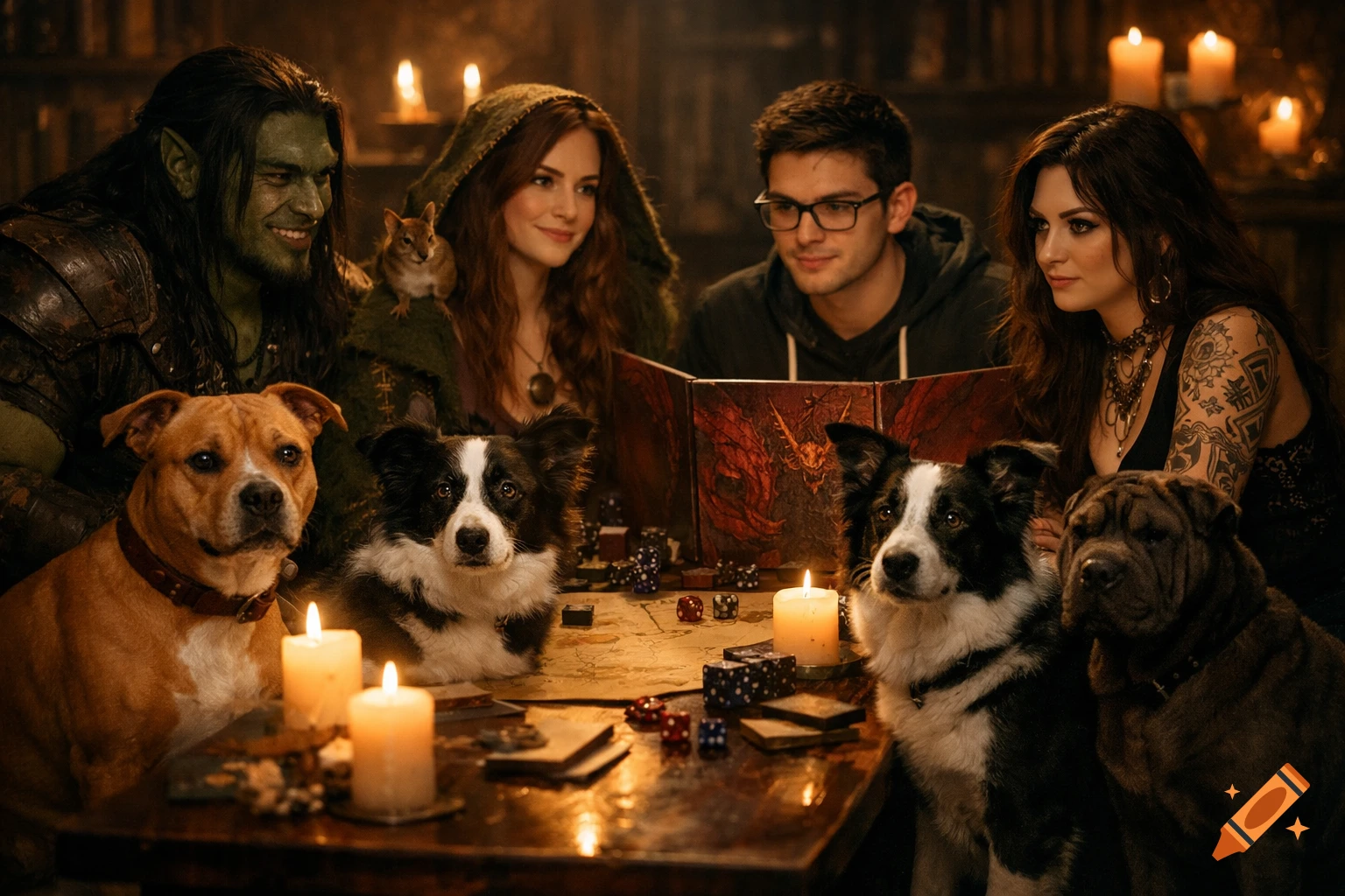A group of diverse fantasy characters and their dogs playing Dungeons & Dragons by candlelight on a dark wooden table.