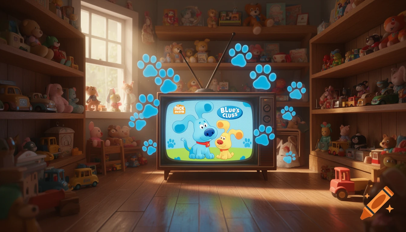 A vintage TV displays Blue's Clues in a cozy, sunlit children's room filled with shelves of toys and glowing paw prints.