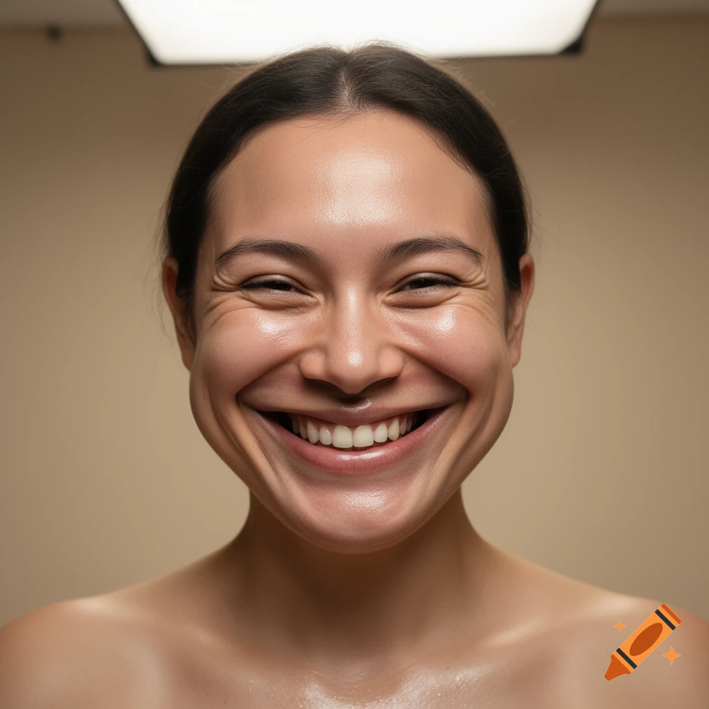 A close-up photorealistic portrait of a person with a very wide, round smile and glowing skin, against a beige background.