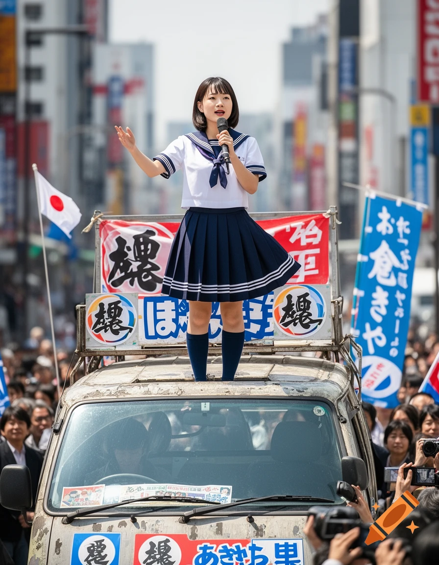 A young Japanese woman in a sailor uniform speaks into a microphone from atop a van at a bustling political rally on a city street.