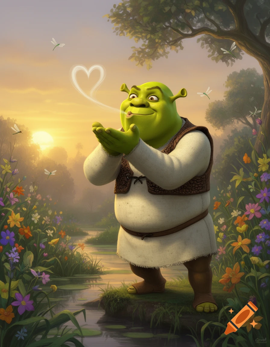 Shrek blowing a heart-shaped smoke into the air in a lush, flower ...