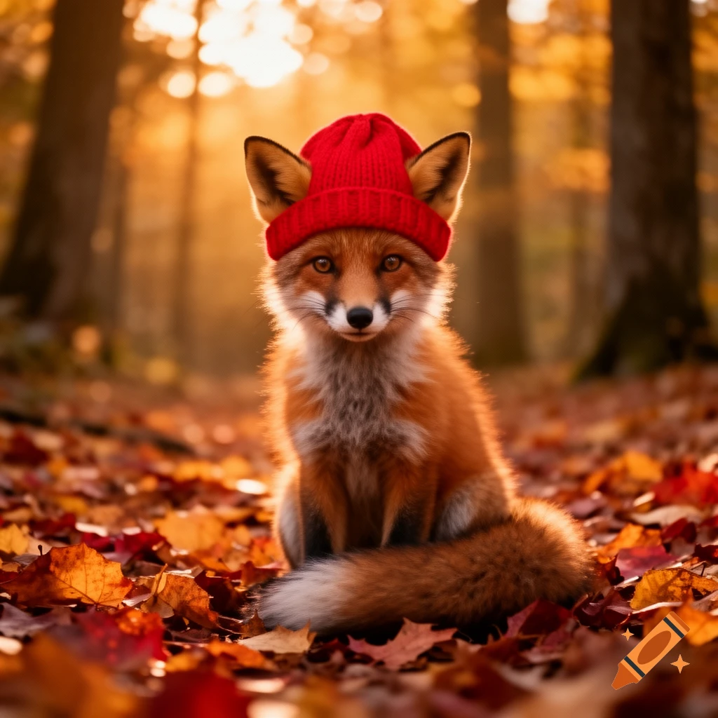 A cute fox in a red knitted hat sits among vibrant autumn leaves in a ...