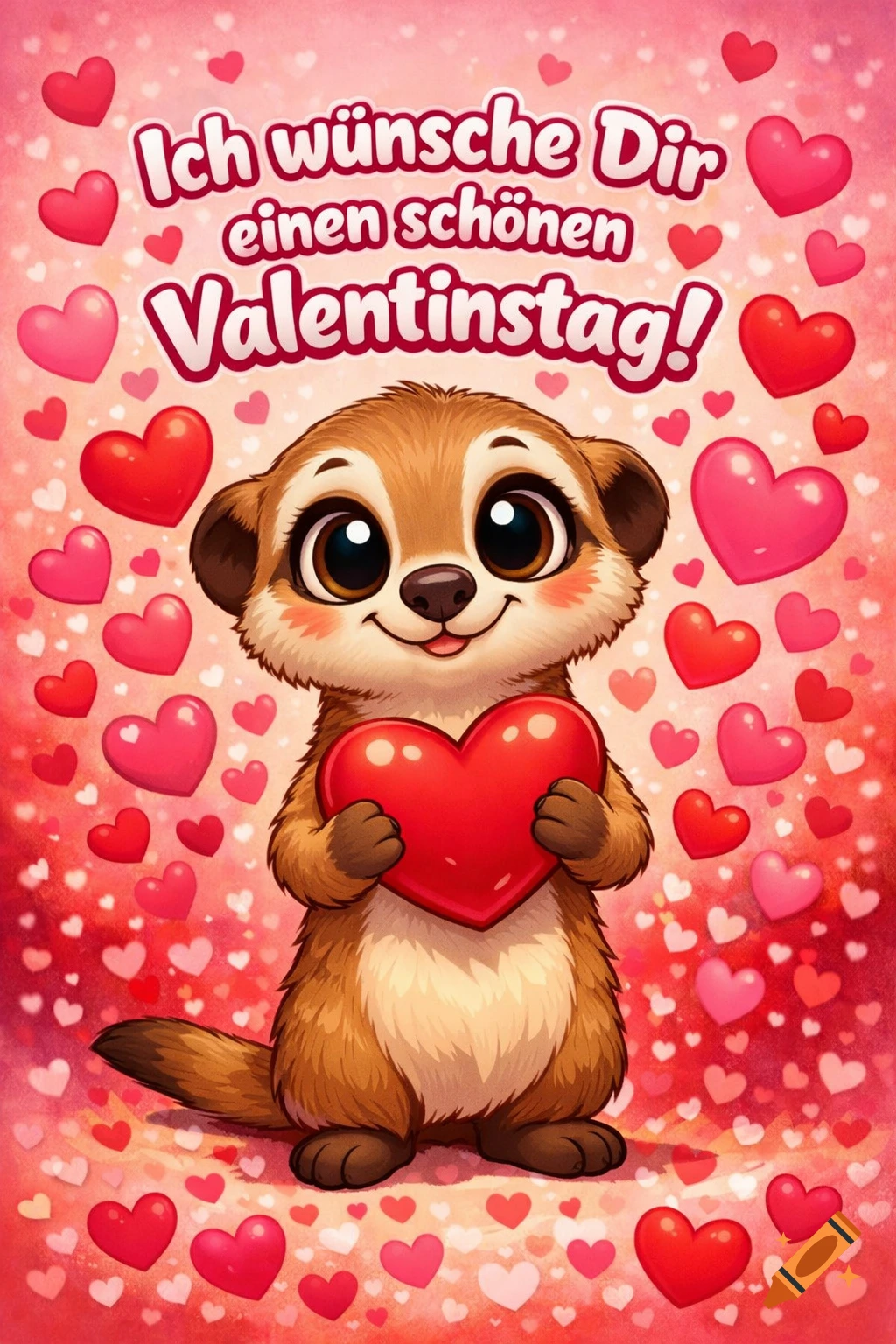 A cute cartoon meerkat smiles, holding a red heart, surrounded by pink and red hearts on a soft pink background.