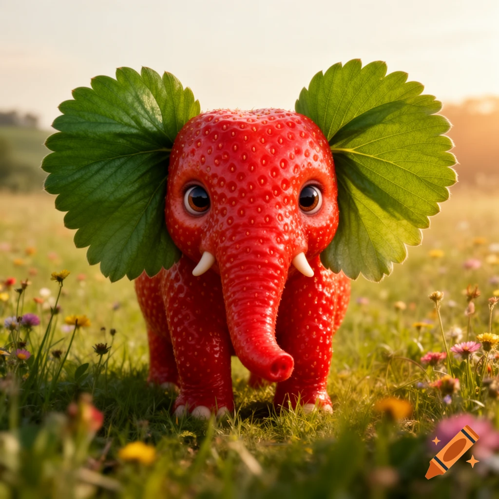 A photorealistic image of a cute baby elephant with a red strawberry body and green strawberry leaves for ears, standing in a sunny wildflower field.