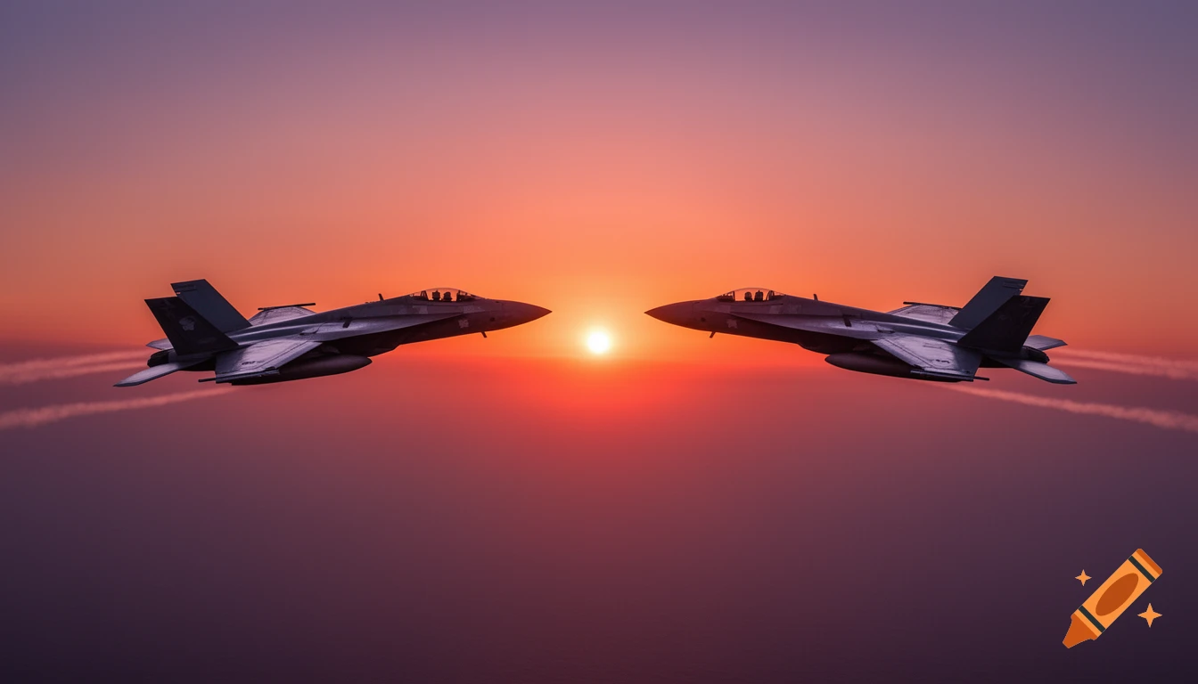 Two fighter jets fly towards each other, silhouetted against a vibrant orange and purple sunset in the sky.