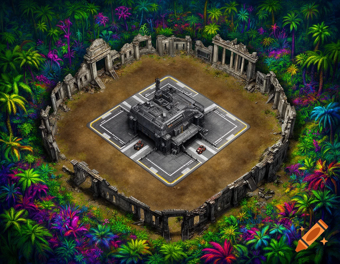 Isometric view of a futuristic Imperial Guard spaceport base surrounded by ancient ruins and vibrant alien tropical jungle, in a game art style.