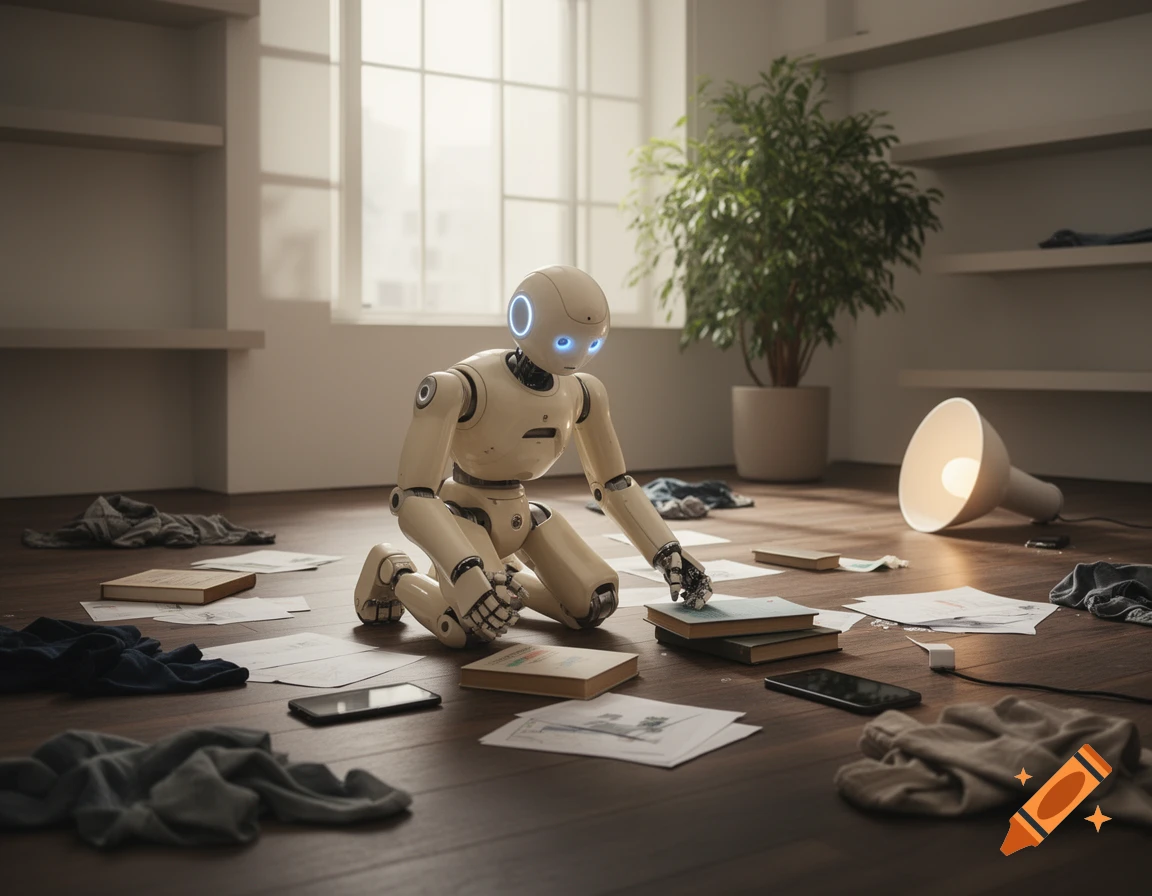 A photorealistic cream-colored robot kneels on a wooden floor, tidying a messy room with scattered books, papers, and clothes.