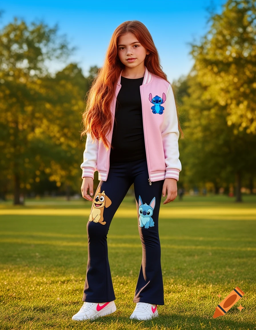 A photorealistic image of a young girl with long reddish-brown hair, wearing a pink and white college jacket, black shirt, and dark pants with cartoon dog designs, standing in a sunny park.