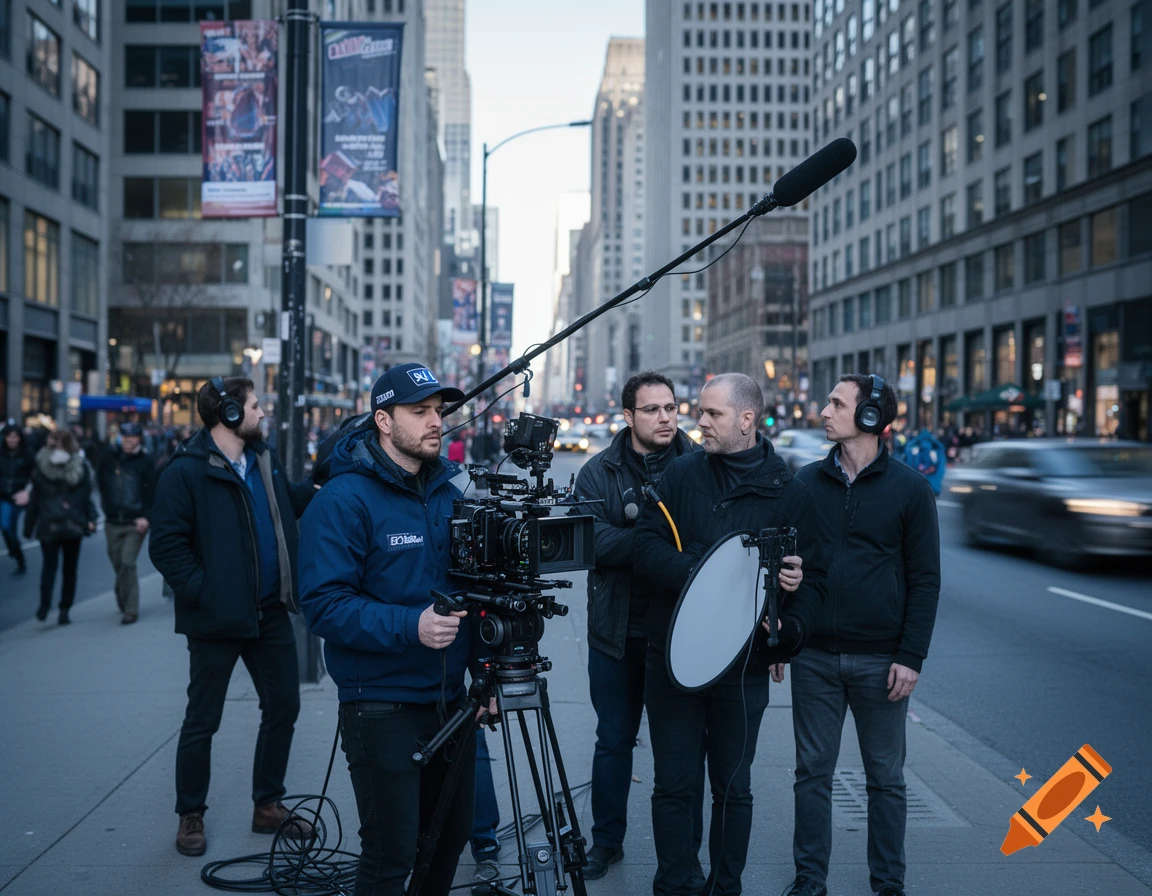 Photorealistic scene of a video camera crew with equipment filming on a busy city street lined with skyscrapers.