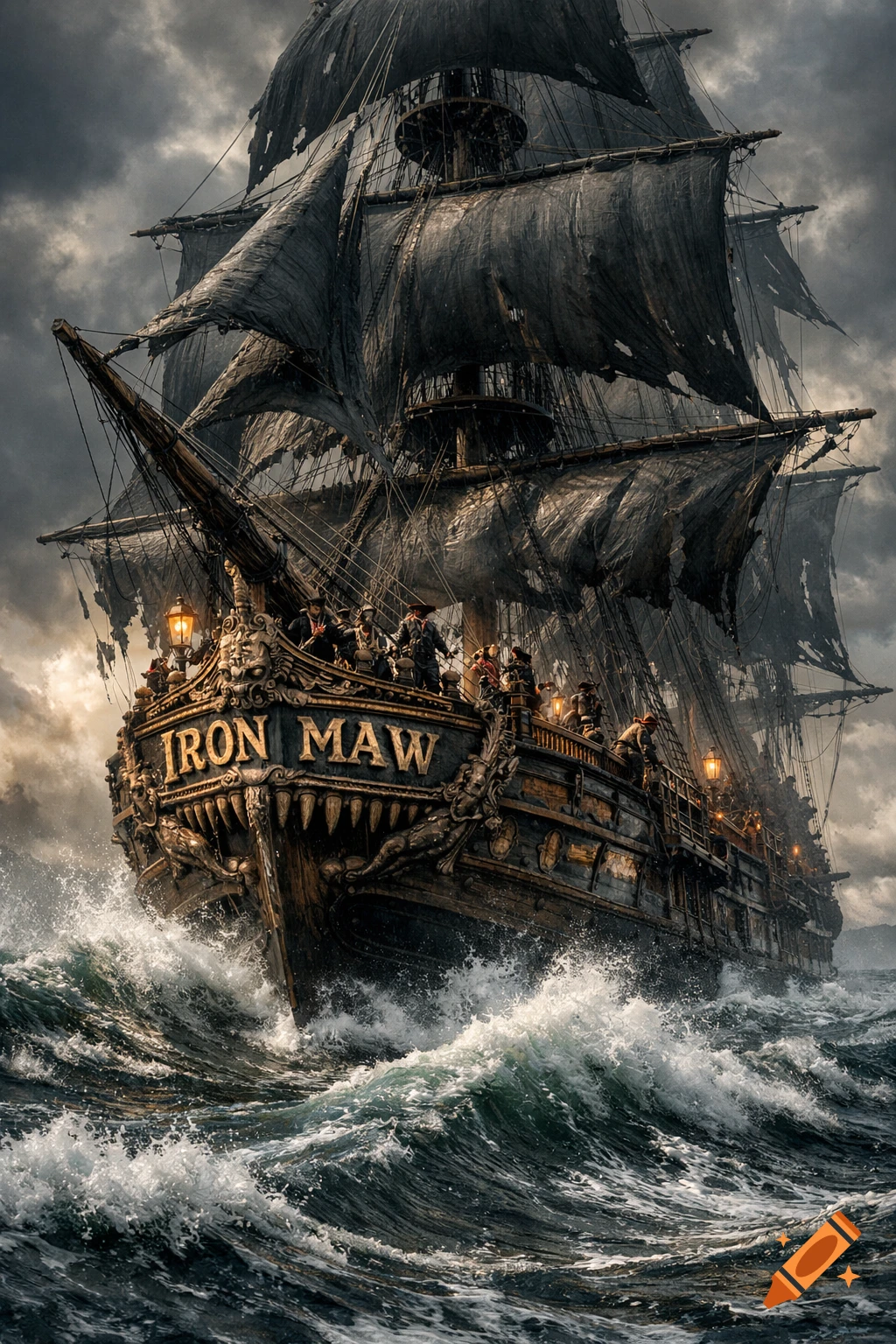 A dramatic, photorealistic image of a pirate ship named 'Iron Maw' sailing through rough, stormy seas under a dark, cloud-filled sky.